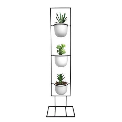 China Modern 3 Tier Metal Plant Stand / Indoor Metal Vertical Plant Stand Flower Stand with 3 White Ceramic Pots Iron Flower Pot Stand Rack for sale