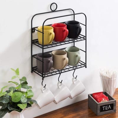 China 2-Tier Matte Black Metal Kitchen Coffee Mug / Cup Viable Wall Mounted Organizer Display Shelf with 3 Hanger Hooks for sale