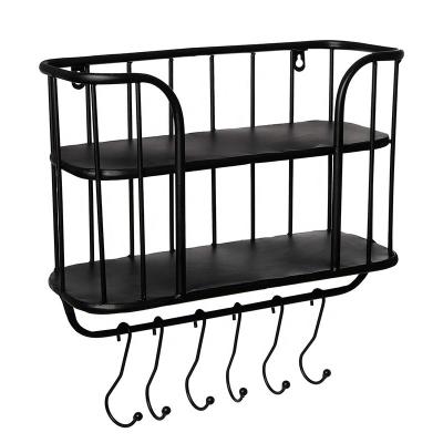 China Sustainable wall shelf with towel rack and hooks - cafe shelf | Rustic style | Black metal rack for kitchen, laundry, garage, bathroom for sale