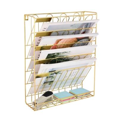 China Document Organizer Hanging Wall File Organizer, 5 Slots Wire Metal Wall Mounted Document Holder for Office Home, Gold for sale