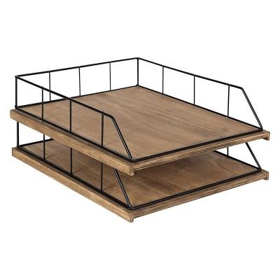 China Document Organizer Metal and Wooden Letter Trays, Rustic Wood and 2 Tier Black Desk Racks for sale