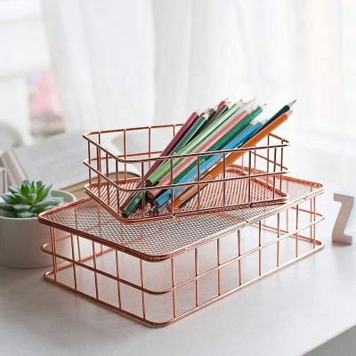 China Rose Gold Wire Basket Metal Viable Mesh Holder for Storage Metal Wire Basket Organizer Storage Set of 2 for sale