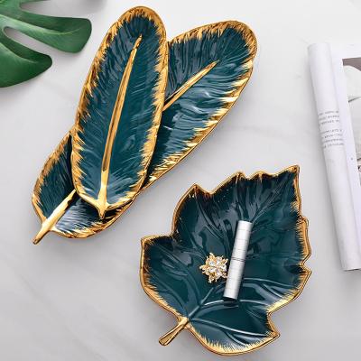 China INS Disposable Nordic Style Feather Banana Leaf Dish Home Decor Storage Dish Jewelry Tray Porcelain Ceramic Dessert Dish for sale