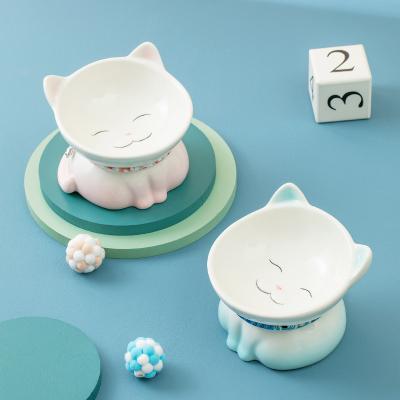 China Durable hand-painted ceramic cat bowl to protect the cervical spine oblique mouth and high feet of pet supplies from being knocked over for sale