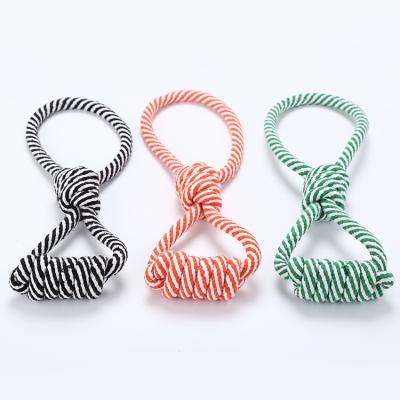 China Stocked Dog Toys Striped Figure Eight Cotton Rope Knot Grinding Teeth Cleaning Interactive Game Toy for sale