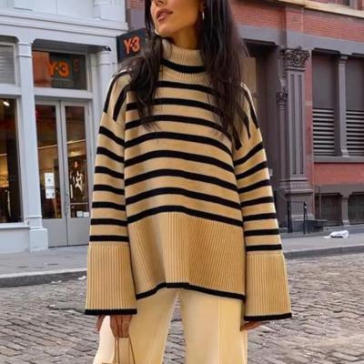 China new fashion autumn and winter women's cotton warm Anti-wrinkle knit high collar stripe slit sweater top for sale