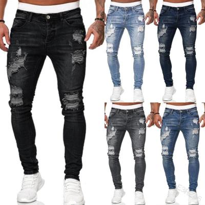 China New Men's Small Foot Pants Holes Jeans Fashion Solid Color Breathable Casual Thin Jeans for sale