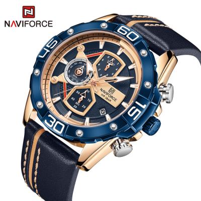 China New Design Sports Mens Automatic Luxury Military Chronograph Wristwatch Date NAVIFORCE 8018 RGBE Genuine Leather Quartz Watches 2021 for sale