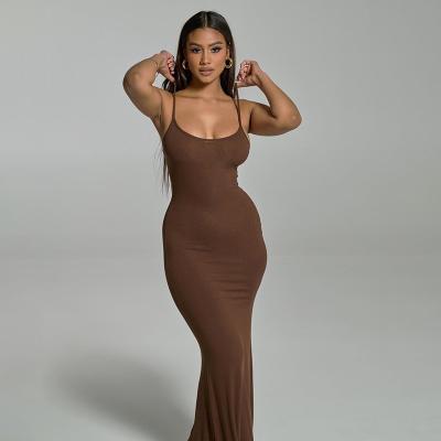 China Breathable Sexy Low Cut Backless Bodycon Maxi Dress Sling Hip Solid Color Sleeveless Slim Dress Sexy Women Temperament for sale