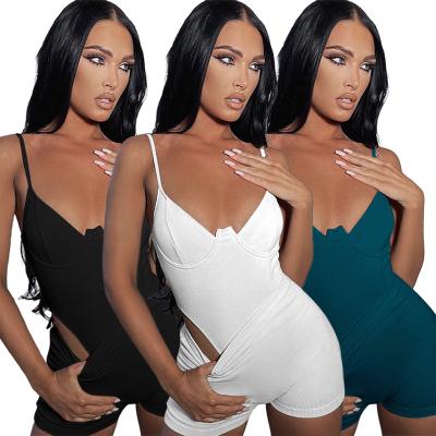 China Solid Color Casual High Elasticity Women's Sexy Sleeveless V-Neck Camis Jumpsuit And Shorts Yarn Sets Two Piece Set for sale