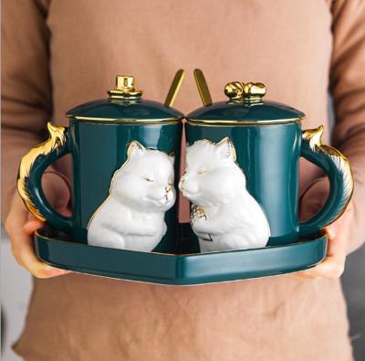 China Sustainable Style Nordic Cat Ceramic Coffee Mug Gift Decorative 3 Pieces Sets With Tray for sale