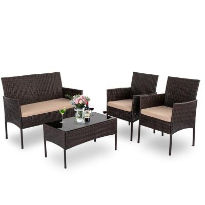 China Waterproof 4 Pieces Patio Furniture Set Rattan Wicker with Beige Cushion and Glass Table Outdoor Table and Chairs for sale