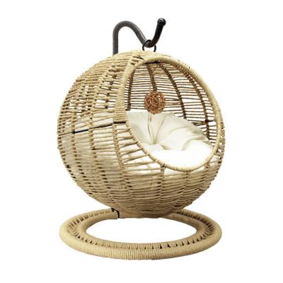 China Washable and water-resistant Handcrafted natural rattan housing with internal metal frame structure hanging rattan cat pet beds for sale