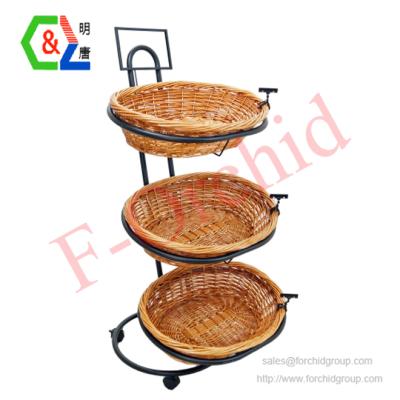 China Single Sided 2-4 Tiers Round Willow Basket Floor Fruit And Vegetable Display Rack for sale