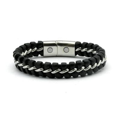 China New Genuine Leather Men's Magnetic Bracelet Winfavor Environmentally Friendly Design Good Quality Therapy Genuine Leather Steel Stainless Steel for sale