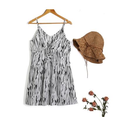 China New Anti-Wrinkle Custom Hot Summer Casual Dresses Deep V-Neckline Striped Women's Crepe Mini Straps Beach Dress for sale