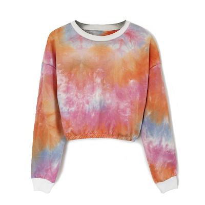 China Fashion design hot selling terry fabric anti-pilling tie dyed crop long sleeve sweatshirts pull over hoodie women for sale