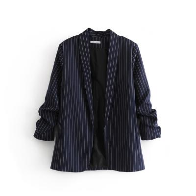 China Anti-Wrinkle Casual Striped Long Sleeve Outwear Women Tuxedo Blazer Set Suit for sale