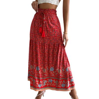 China Breathable Floral Print Maxi Hippie Bohemian Casual Beach Cotton Rayon Skirt Boho Elastic Waist Vintage Style Women Ethnic Tulle Skirt for sale