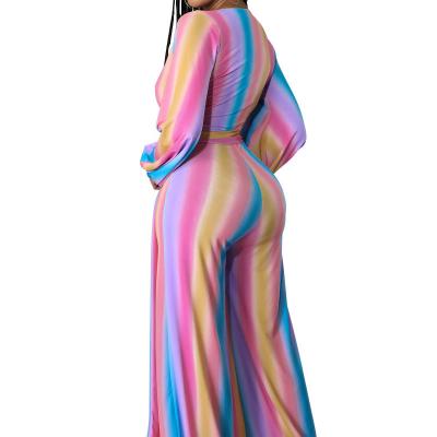 China QUICK DRY stripe women plus size jumpsuits long sleeve tie dyed long wide rompers pants fashion jumpsuit for sale