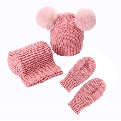 China 3 Pcs Sets Kids Pompom Beanie Winter Children Gloves And Medium Handmade Hat Sets for sale