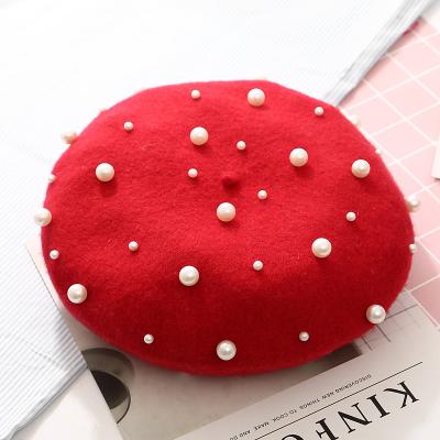 China Custom Plush Vintage Winter Woman's Decorative Worsted Beret Hat With Pearl for sale