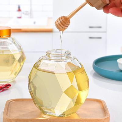 China Household Products Empty Hexagonal Honey with Cork Glass Packaging Sealed Cans Wooden Hexagonal Honey Jars for sale