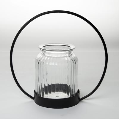 China Home decoration Hicheon windliht high quality clear glass candle holder with black metal holder for home decor for sale