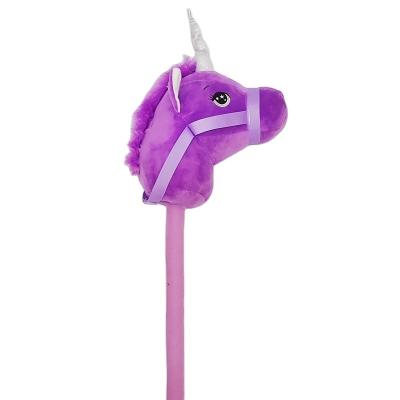 China Ride on Toy Purple and Pink Stick Plush Unicorn with realistic pop and galloping sound for sale