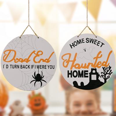 China Wooden Round Halloween Scary Spider And House Signs Viable For Home Office Front Door Wall Decorations for sale