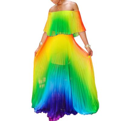 China Mini Casual Women Slash Neck Pleated Maxi Dress Summer Tie Dye Anti-Static Dress for sale