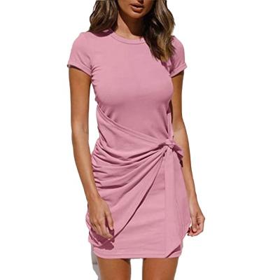 China new Irregular Anti-wrinkle Dress with Tie Front Short Sleeves Pleated Bow Belt 2022 Summer Cotton Solid Color Waist Casual Dresses Tops for sale