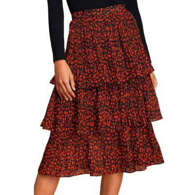 China Plus Size Red Flower Printed Mid Length Long Lantern Pleated Skirt Casual Women Dress Pleated Skirt for sale