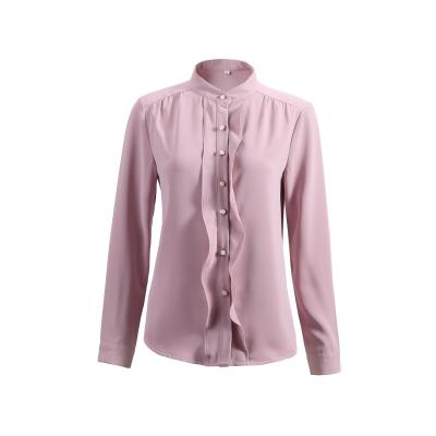 China Summer fashion anti-pilling spring and stand collar women's loose shirt ruffles placket chiffon women's tops clothing for sale