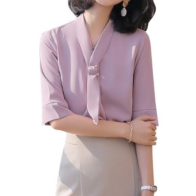 China Temperament Medium Ribbon Satin V-Neck Shirt Tie Chiffon Top Women's Anti-pilling Summer Shirt Women's Chiffon Tops for sale