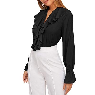 China S20112 Women's Anti-Pilling Long Sleeve Button Ruched Top Shirt Long Front Women Ruffled V-Neckline for sale