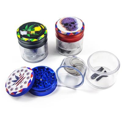 China New Design Custom Printing New Design Aluminum Lid With Plastic Herb Grinder Jars Wholesale 63MM 4 Layers Weed Grinders for sale