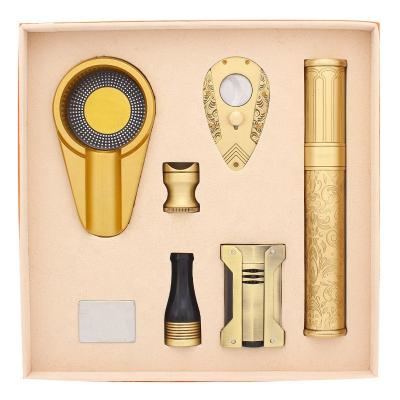 China Cool Cigar Cutter Instruments 2021Golden Cigar Accessories Set Scissors 6 Pieces Tube Ashtray Lighter For Cigar Cigar Accessories Accessory Custom for sale