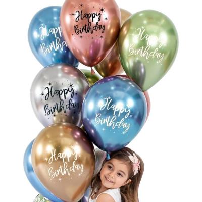 China Chrome Latex White 12inch Chrome Gold Lettering Balloon Happy Birthday Metal Balloon Birthday Party Decoration for sale