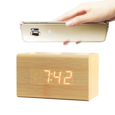 China New Style Antique Style Wooden Clock With Wireless Charger Custom Wood Watches LED Alarm Desk Clock for sale