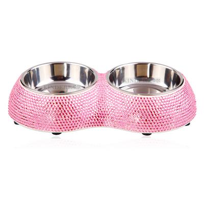 China Sustainable Luxury Pet Accessory Stainless Steel Dog Bowl Rhinestone Bling Pet Dining Bowl for sale