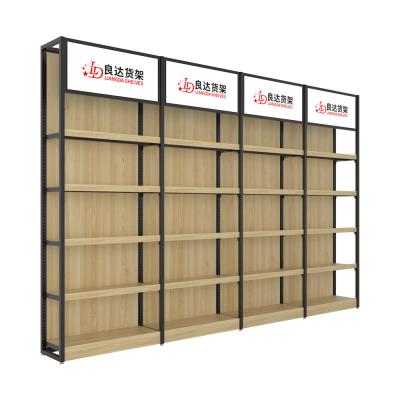 China Factory price single sided direct steel wooden display rack gondola shelves for retail store for sale