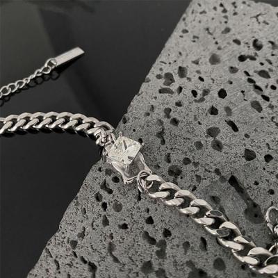 China Vintage Minimalist Design Square Black And White Zircon Bracelet Stitching Thick Chain Hip Hop Cuban Titanium Steel Bracelet For Men for sale