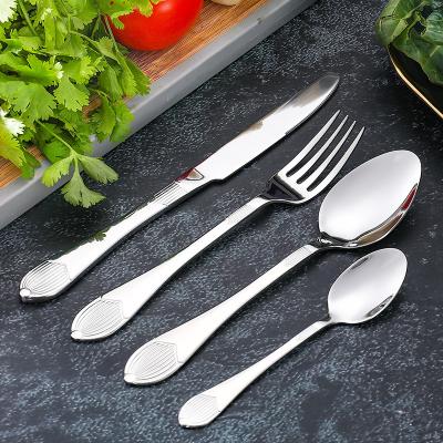 China Stocked Popular 304 Stainless Steel Flatware Dinner Knife Fork Spoon Popular Pointed Flatware Set For Hotel Household for sale