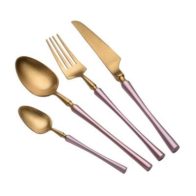 China Canton Stocked Tower Form 18/10 Matte Flatware Stainless Steel Pink Handle Cutlery Set for sale