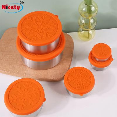 China Round Mini Freshness Keeping Finesse Stainless Steel Food Container For Kids 4 Pcs Bento Box With Silicone Lids Around Sauce Box Salad Box For Lunch for sale