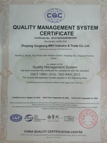 ISO9001 - Zhejiang Yongkang Mry Industry & Trade Co., Ltd.