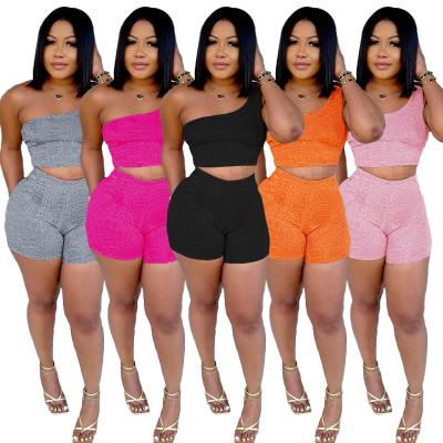 China 2021 New Arrival Fashion Solid Color QUICK DRY One-Shoulder Tie Up Shorts QUICK DRY Casual Top Vest 2 Piece Pants Suit Set Women for sale