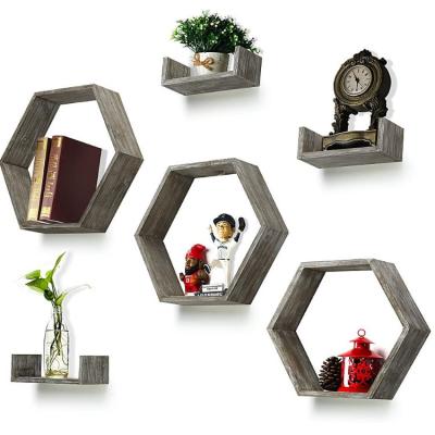 China New Design Morden Gray Antique Wall Shelves Home Decor Hexagon Wall Shelves Wood Wall Shelf for sale