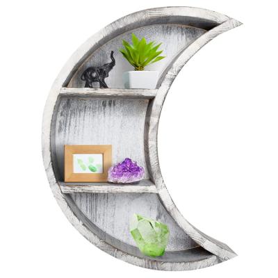 China 2022 Selling Mordern 2022 Moon Shape 3 Grid Home Decor Wall Shelf Warm White Wooden Wall Shelf for sale